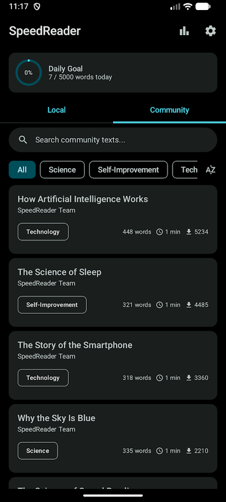 Library screen with a daily goal and community texts sorted by category.