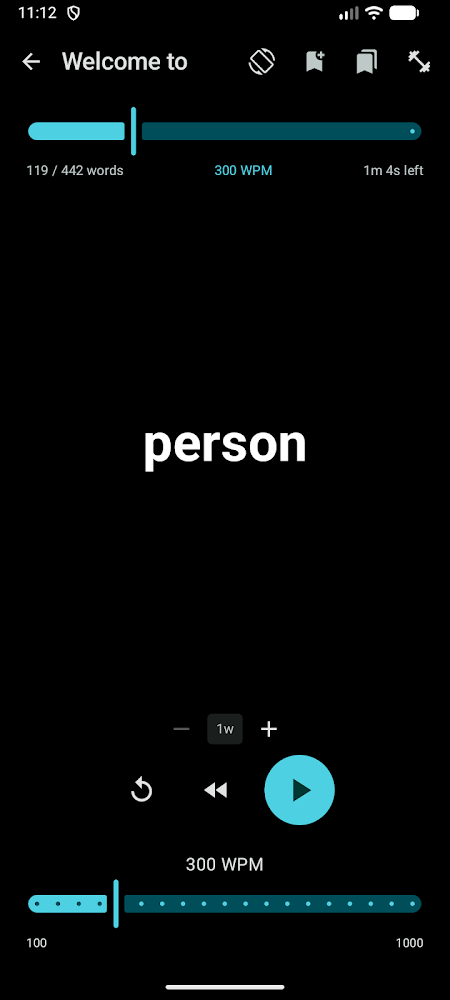 Reader screen showing a single word at 300 words per minute.